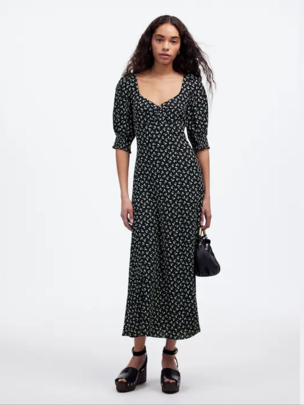 Madewell Ruched Scoopneck Side Slit Midi Dress in Floral